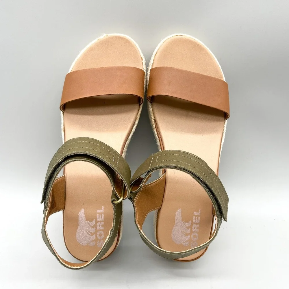 Sorel Womens 8.5 Cameron Flatform Espadrille Sandals Tan Sage Boho CoastalChic